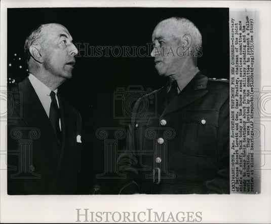 1953 Press Photo Sec of Defense Robert Lovett & Gen Omar Bradley - Historic Images