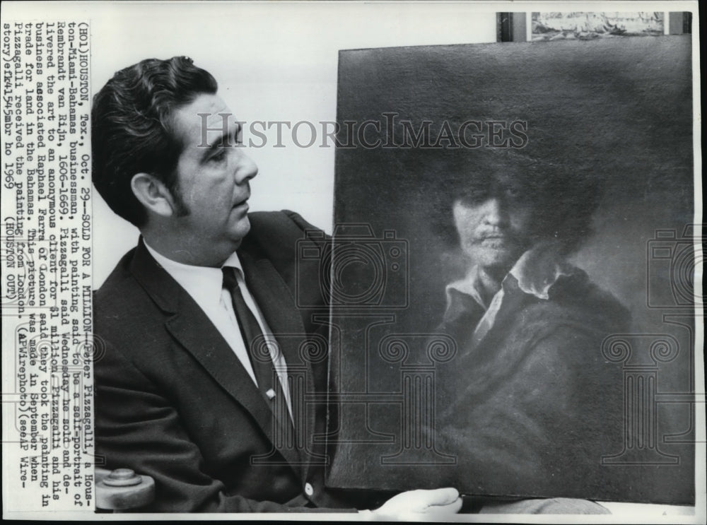 1969 Press Photo Peter Pizzagalli with Selft-Portrait of Rembrandt Van Rijn - Historic Images