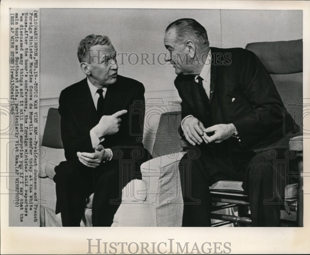 1965 Press Photo Pres. Lyndon Johnson and Maurice Couve de Murville - Historic Images