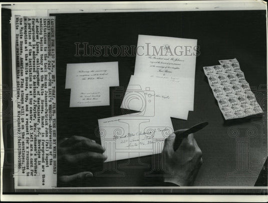 1966 Press Photo Lyons preparing the wedding invitations of Johnson-Nugent - Historic Images