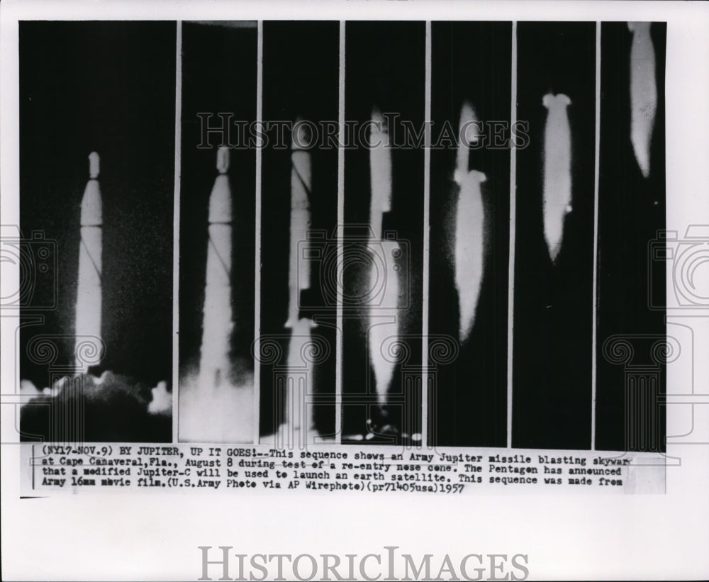 1957 Press Photo The sequence of Army Jupiter missile launching during test - Historic Images