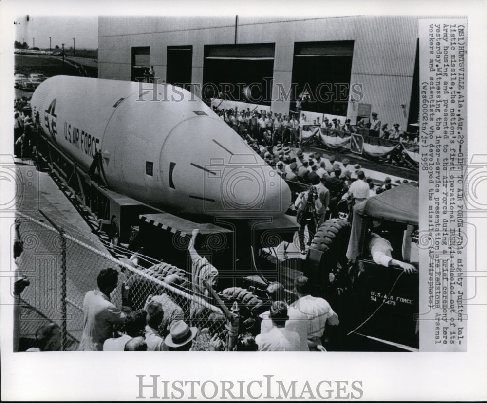 1958 Press Photo Jupiter ballistic missile presented to Air Force in ceremony - Historic Images