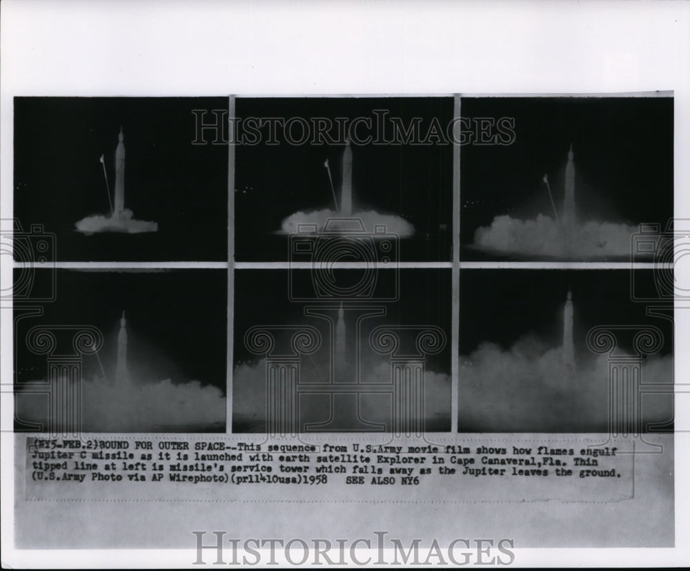 1958 Press Photo Sequence of launched Jupiter missile in Cape Canaveral, Fla. - Historic Images