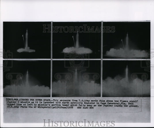 1958 Press Photo Sequence of launched Jupiter missile in Cape Canaveral, Fla. - Historic Images