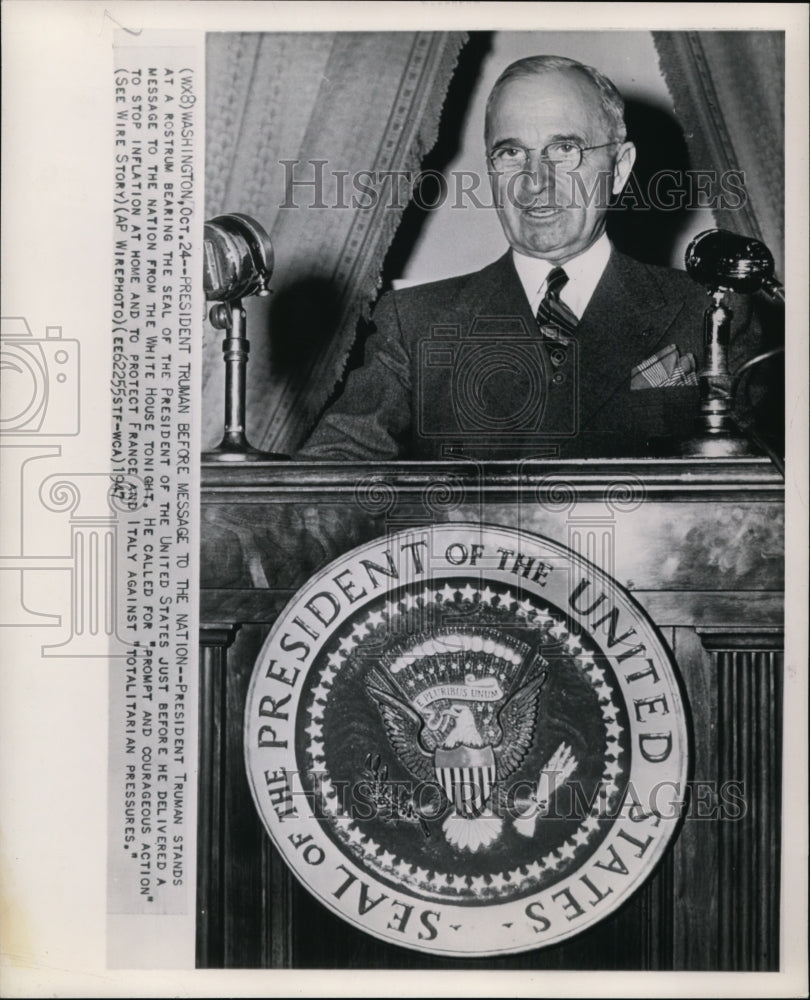 1947 Press Photo President Truman message the Nation from the White House - Historic Images