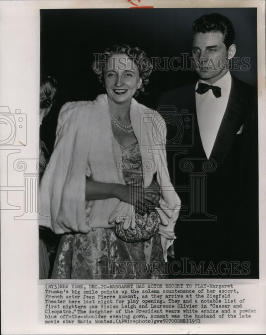 1951 Press Photo Margaret Truman & escort Jean Pierre Aumont at Ziegfeld Theater - Historic Images