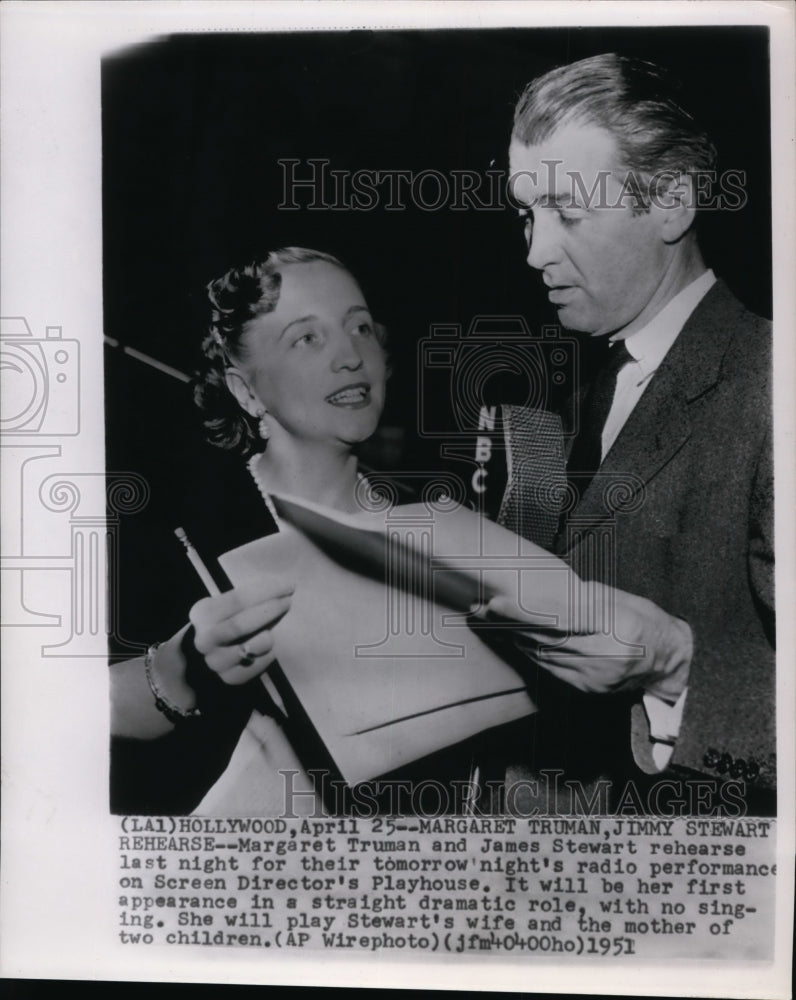 1951 Press Photo Margaret Truman &amp; James Stewart Rehearse for Radio Performance - Historic Images