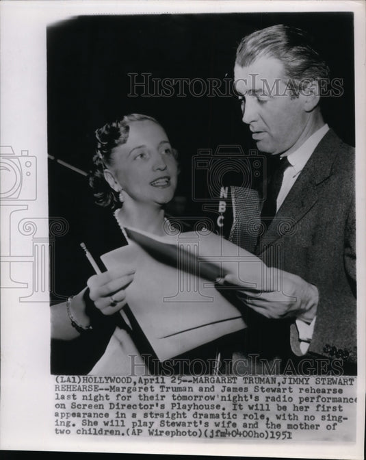 1951 Press Photo Margaret Truman & James Stewart Rehearse for Radio Performance - Historic Images