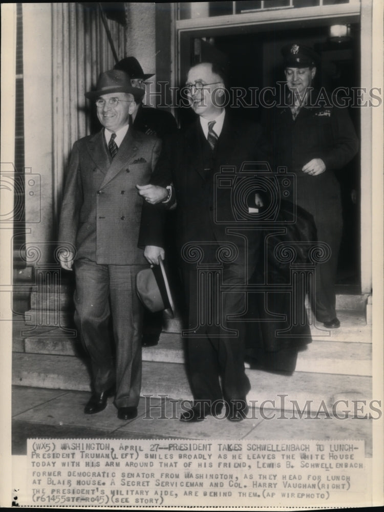 1945 Press Photo President Truman and friend, Lewis Schwellenbach at White House- Historic Images