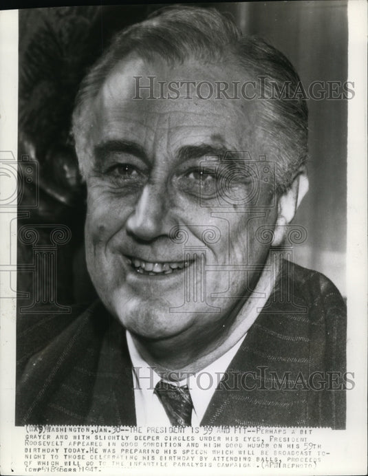 1941 Press Photo Pres. Roosevelt in good condition for 59th birthday celebration - Historic Images