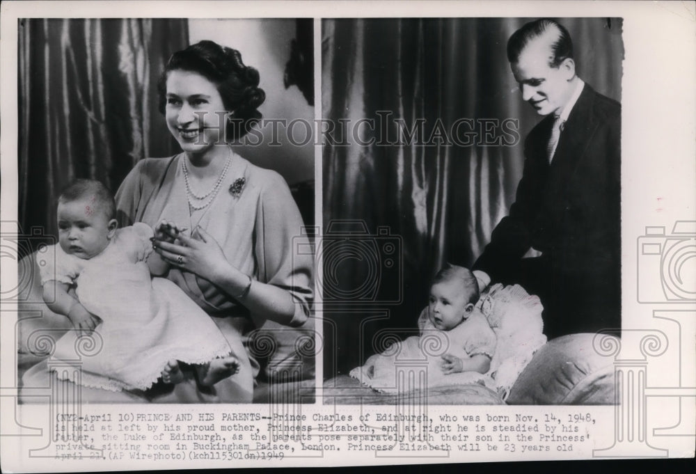 1949 Press Photo Prince Charles with Princess Elizabeth and Duke of Edinburgh - Historic Images