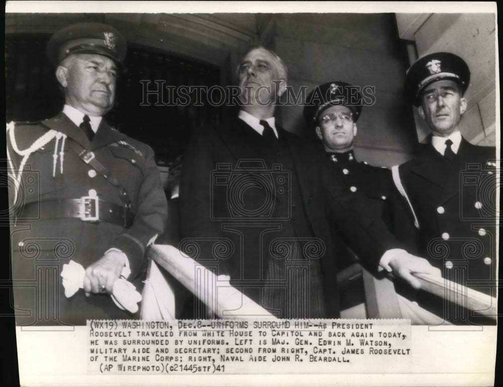 1941 Press Photo President Roosevelt, Maj Gen Watson, Capt. Roosevelt, Beardall - Historic Images