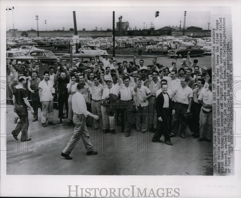 1955 Press Photo Ford workers walk off the job at River Rouge plant in Michigan. - Historic Images