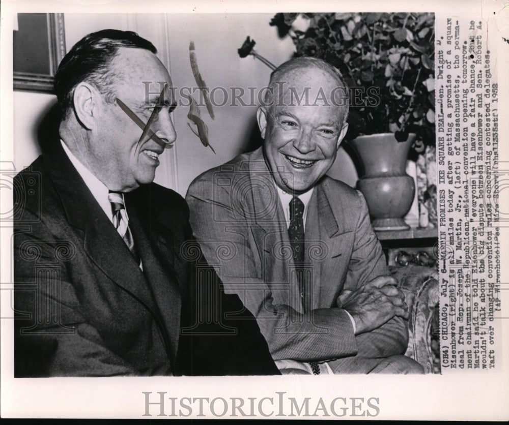 1952 Press Photo Gen. Dwight Eisenhower Gets Square Deal from Joseph Martin Jr.- Historic Images