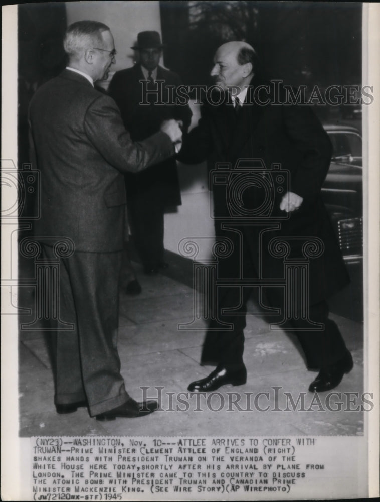 1945 Press Photo President Harry Truman welcomes Prime Minister Clement Attlee - Historic Images