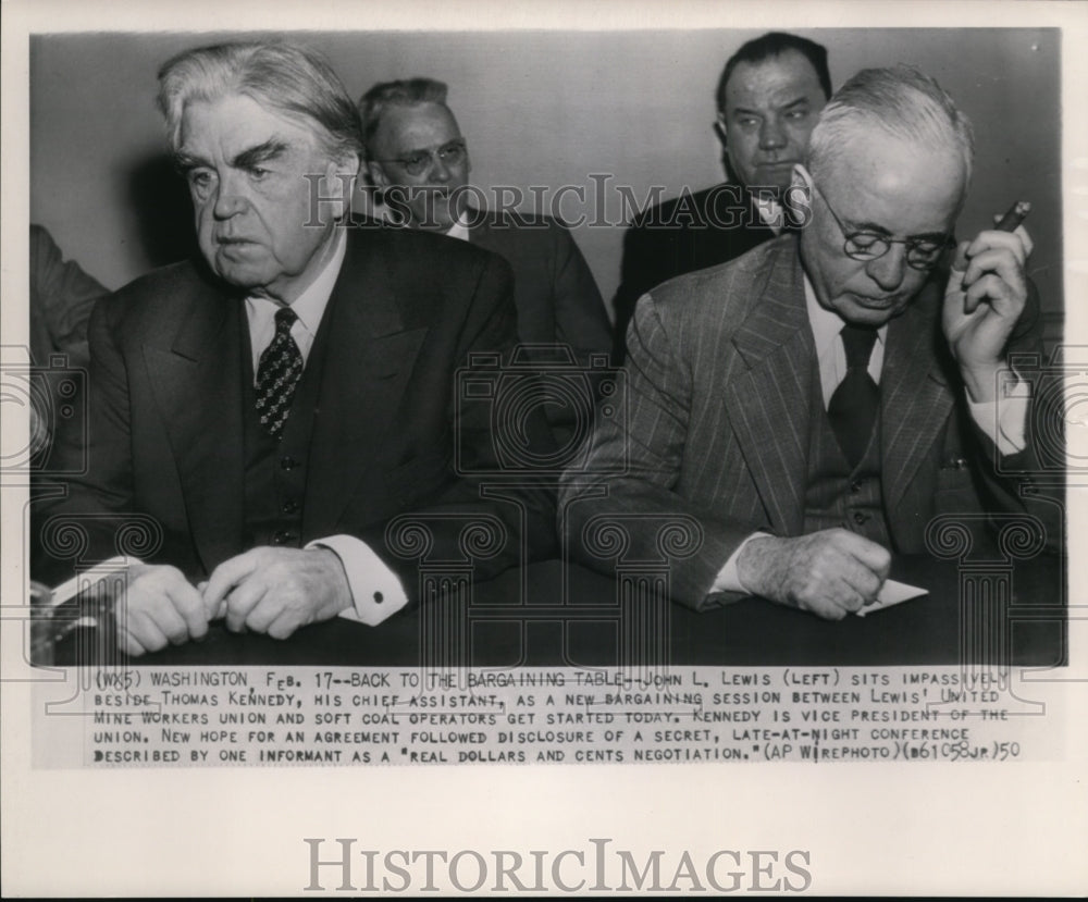 1950 Press Photo John Lewis and Thomas Kennedy seated for new bargaining meeting - Historic Images