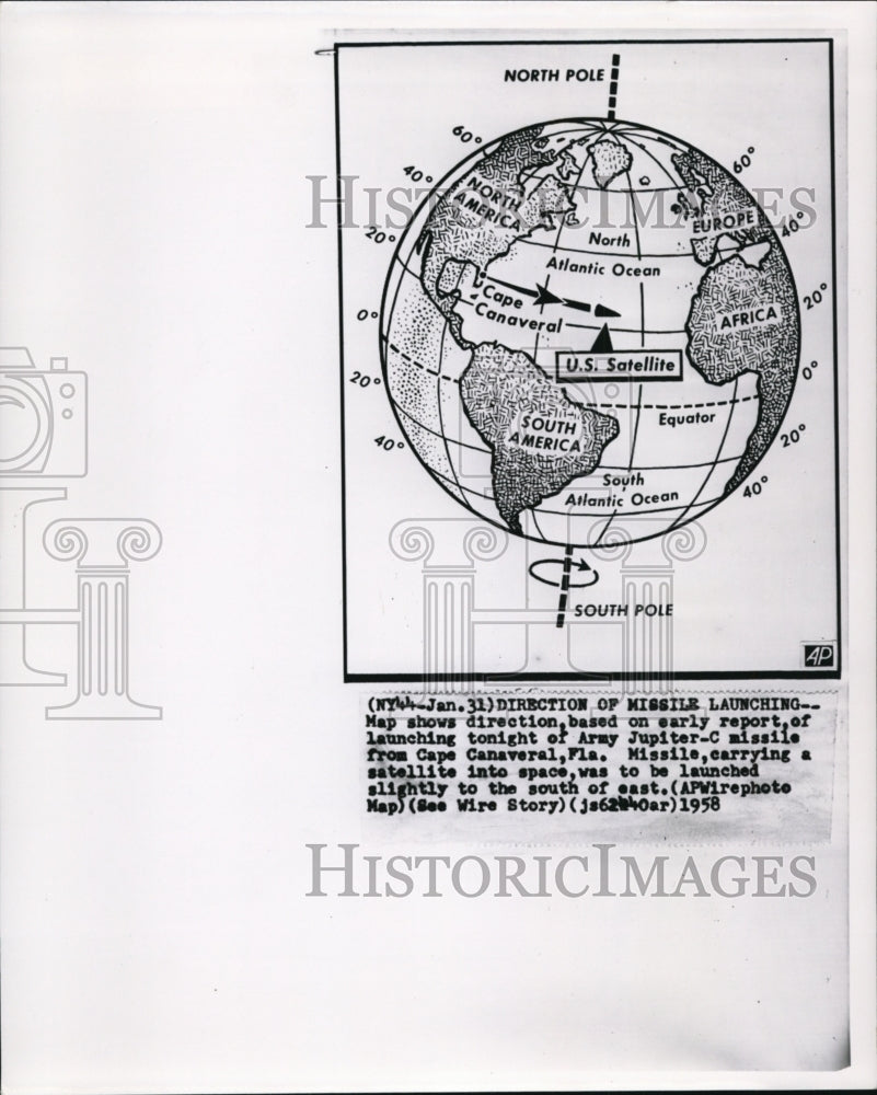 1958 Press Photo Map Shows Direction of Missile Launching Army Jupiter C Missile-Historic Images