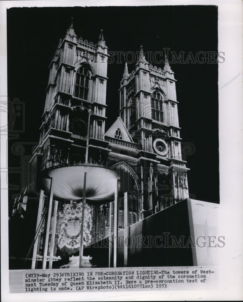 1953 Pre-coronation Test of Lighting at Towers of Westminster Abbey - Historic Images