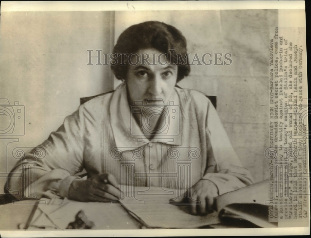 1937 Press Photo Barbara Yakovlava testifies against Nololai Bucharin-Historic Images