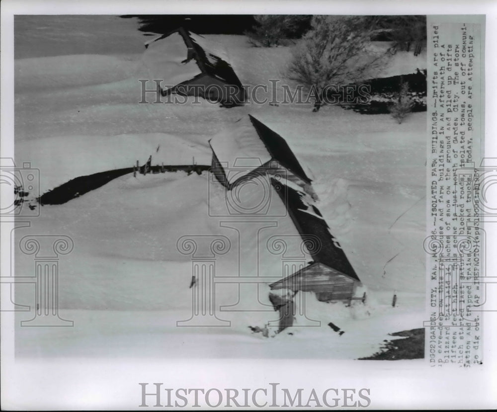 1957 Press Photo Isolated Farm Buildings covered in snow drifts - cvw18118 - Historic Images