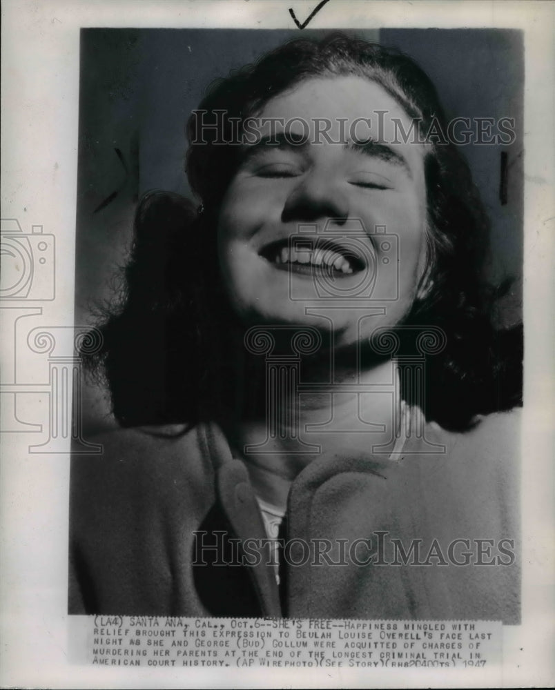 1947 Press Photo Louise Overell looks happy after she was acquitted - cvw18259 - Historic Images