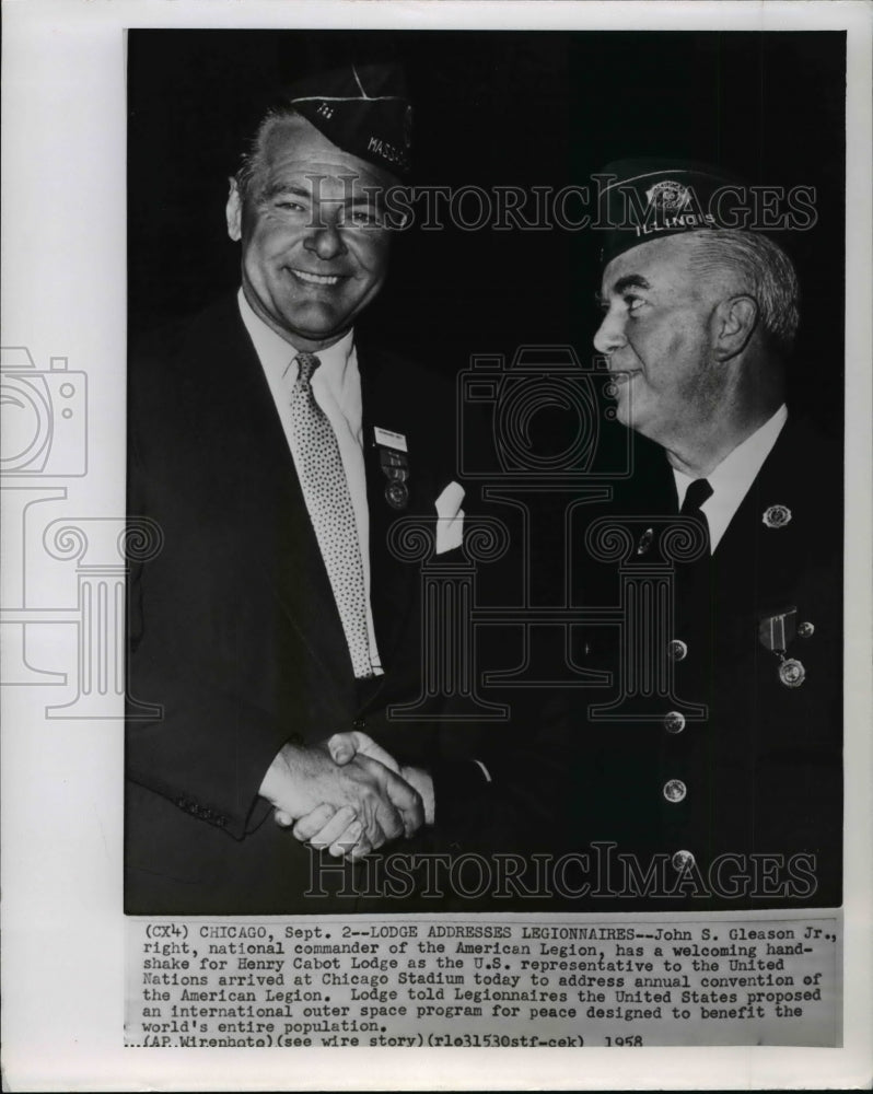 1958 Press Photo John S. Gleason Jr. and Henry Cabot Lodge at American Legion.-Historic Images