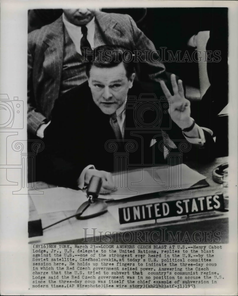 1953 Henry Cabot Lodge speaks out at the United Nations in New York. - Historic Images