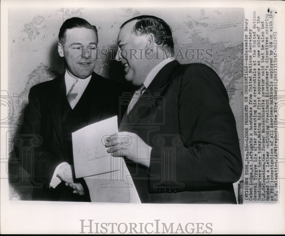 1953 Press Photo Henry Cabot Lodge Presents Credentials to UN Sec. Trygve Lie - Historic Images