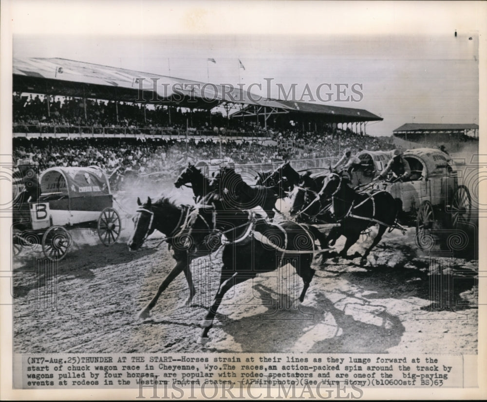 1963 Press Photo Rodeo Scene at Chuck Wagon Race in Cheyenne Wyoming - cvw18823- Historic Images