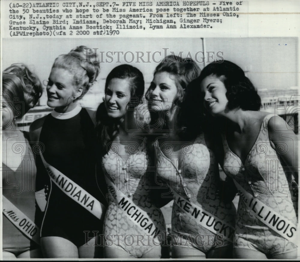 1970 Five of Miss America contestants posing at Atlantic City, N.J. - Historic Images