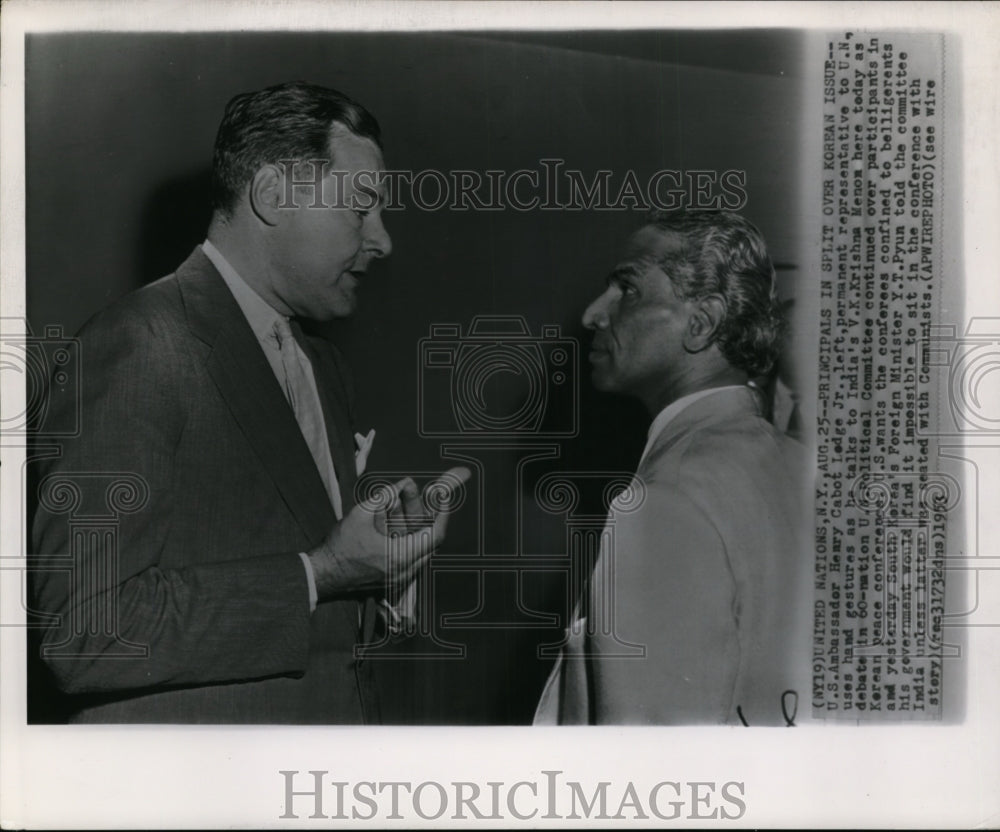 1953 Press Photo Henry Cabot Lodge Jr., V.K. Krishna Menon At Political Debate - Historic Images