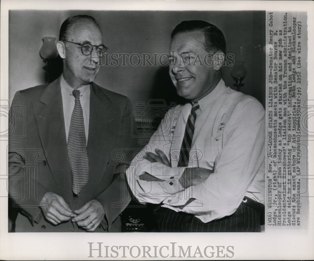 1952 Press Photo Senator Henry Cabot Lodge Jr. Confers with Bourke Hickenlooper - Historic Images