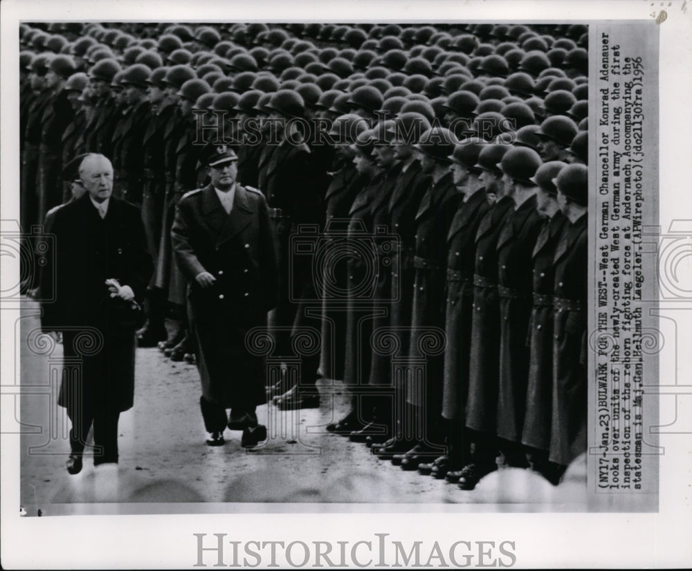 1956 Press Photo Konrad Adenauer and Maj. Gen. Hellmuth Laegeler at Andernach - Historic Images