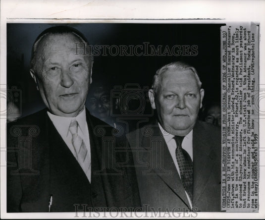 1959 Press Photo West German Chancellor Konrad Adenauer with Ludwig Erhard - Historic Images