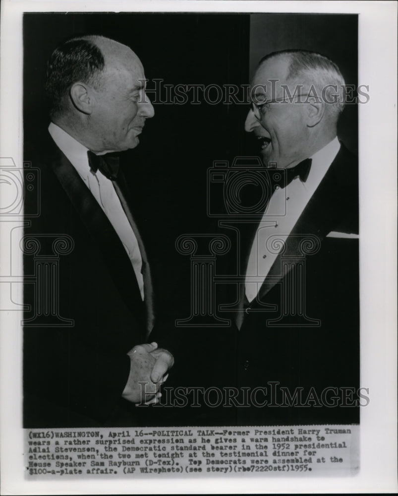 1955 Press Photo Former President Harry Truman shook hand with Adlai Stevenson - Historic Images