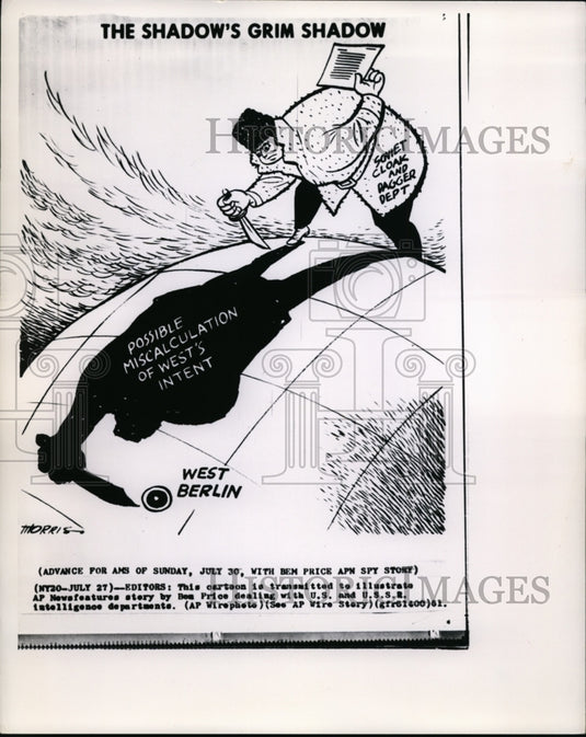 1961 Press Photo Ben Price illustration of US and USSR intelligence department - Historic Images