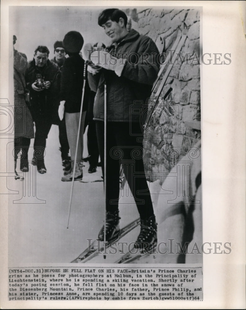 1964 Press Photo Britain&#39;s Prince Charles at Malbun for skiing vacation - Historic Images