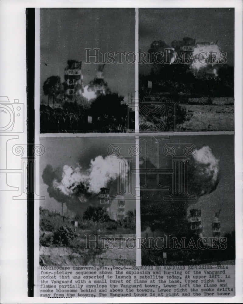 1957 Press Photo Sequence Images on Vanguard Rocket, Displaying Blast of Fire - Historic Images