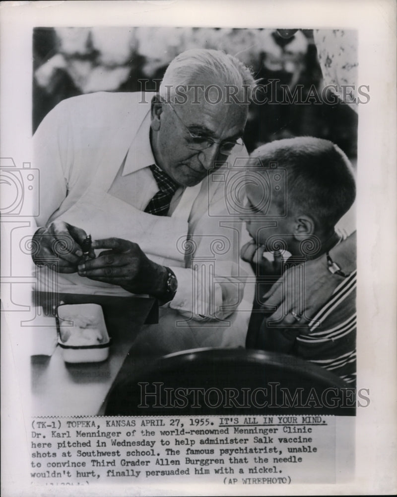 1955 Press Photo Dr. Karl Menninger administered Salk vaccine to Allen Burggren - Historic Images