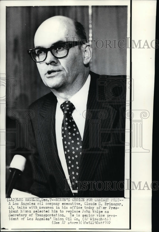 1972 Press Photo Claude Brinegar Appointed to be Secretary of Transportation - Historic Images
