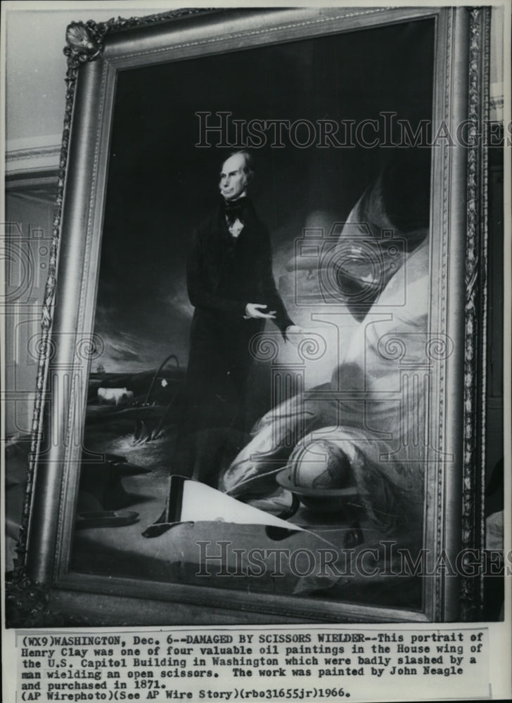 1966 Press Photo Slashed Henry Clay Portrait at US Capitol Building, Washington-Historic Images