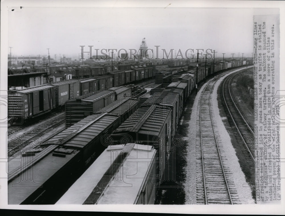 1951 Press Photo Sickness Walkout of Rail Road Trainmen Idled Fright Cars-Historic Images