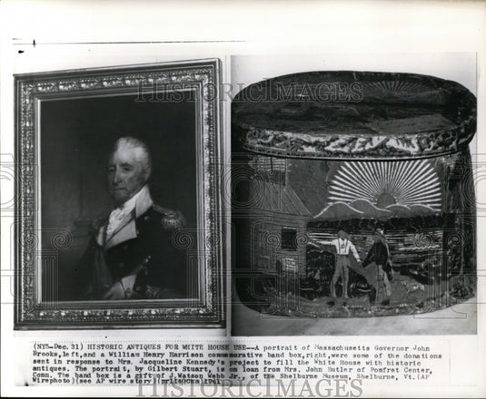 1962 Press Photo Gov. Brookes portrait & Harrison's hand box for White House use - Historic Images