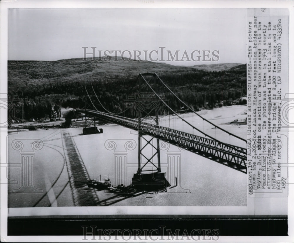 1957 Press Photo The 2,200-foot Alaska Highway suspension bridge near Taylor, BC - Historic Images