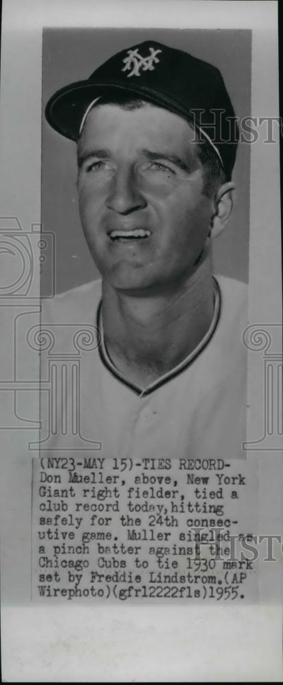 1955 Press Photo Don Mueller, New York Giants Baseball Fielder Set Club Record - Historic Images