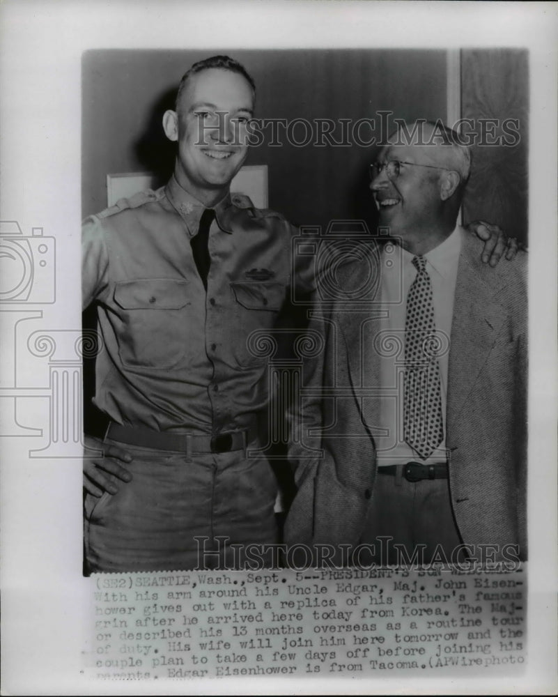 1953 Press Photo Maj. John Eisenhower gives out with a replica of father's grin - Historic Images