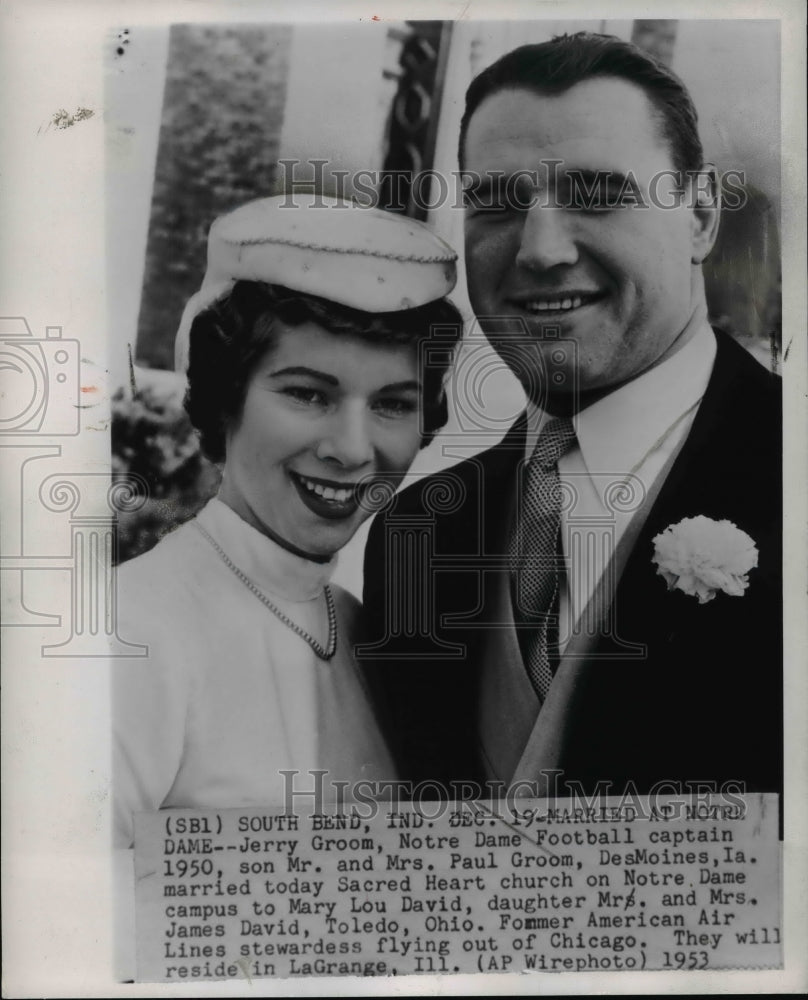 1953 Jerry Groom, Notre Dame Football captain weds Mary Lou David - Historic Images