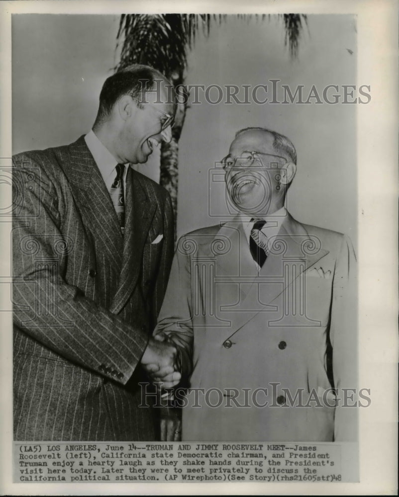 1948 Press Photo Pres. Harry Truman Gladly Greets Chairman James Roosevelt-Historic Images