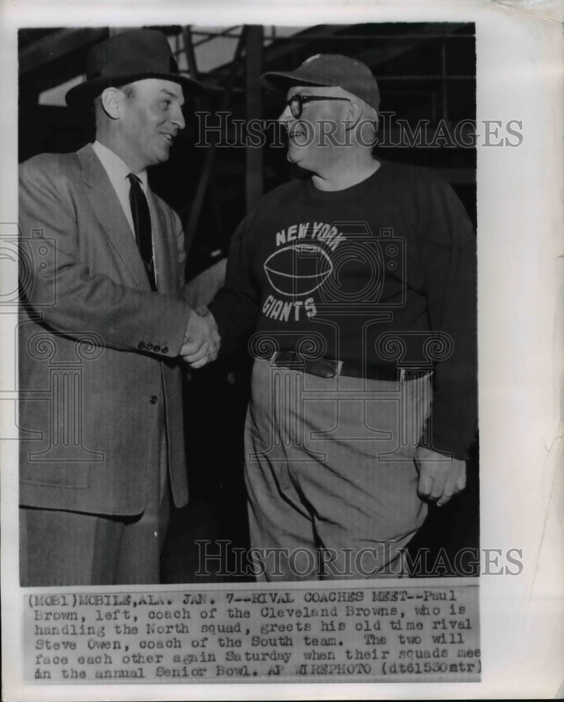 1955 Coaches&#39; Paul Brown face-off with Steve Owen annual Senior Bowl - Historic Images