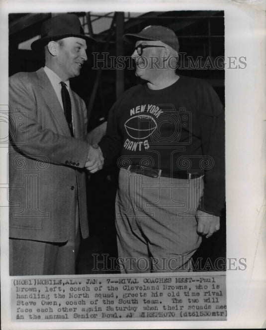 1955 Coaches' Paul Brown face-off with Steve Owen annual Senior Bowl - Historic Images